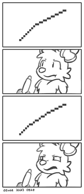 a pixel art "curve" abruptly changes from 1 pixel per row to 2 pixels per row. the eevee artist is unhappy with it. she tries again, with a staggered curve that alternates between 1 and 2 pixels. now she is disgusted