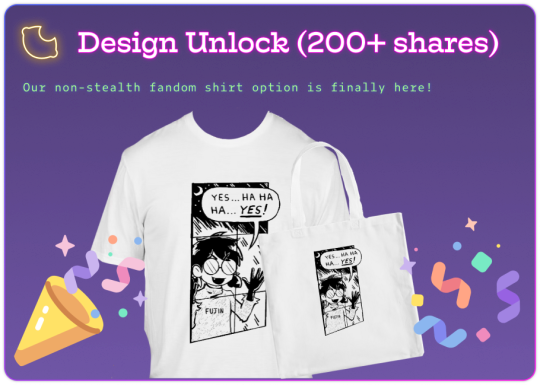 A graphic announcing the unlock of a new tshirt design with 200+ shares. It features a white t-shirt and tote with a parody of the "sickos" meme with boba-tan and the word fujin in place of sickos.