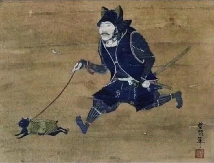 Painting of a Samurai wearing a cat eared helmet walking a cat in armor 