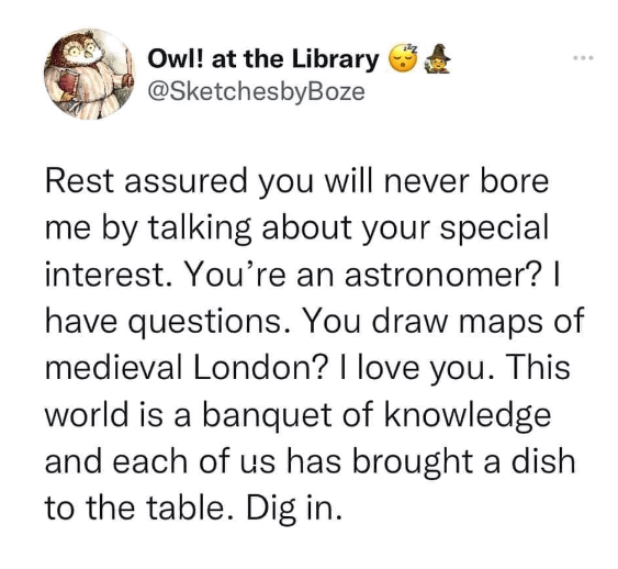 A tweet from @SketchesbyBoze that reads: Rest assured you will never bore
me by talking about your special
interest. You're an astronomer? I
have questions. You draw maps of
medieval London? I love you. This
world is a banquet of knowledge
and each of us has brought a dish
to the table. Dig in.