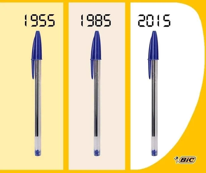 A triptych of three photographs of Bic pens in 1955, 1985, and 2015. The pens are nigh-identical.
