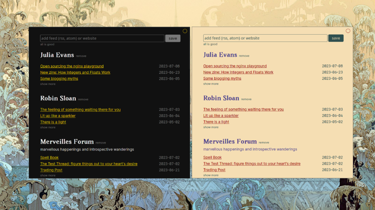 screenshot shows the application Rad Reader in two of its 10+ themes. the left pane has a darker theme with gold highlights. the right pane has a lighter theme featuring a wheat-coloured background, red-tinted links, and purple titles. the panes are set on a background drawn by swedish artist kilian eng