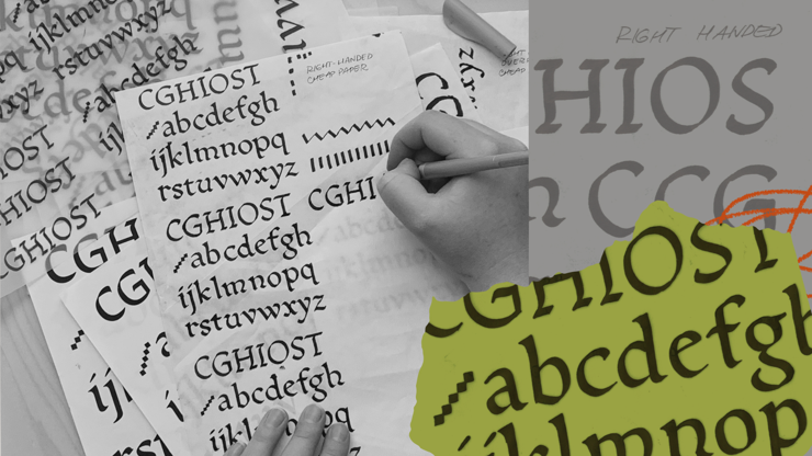 A photograph showing Danelle Cheney hand-inking letterforms for the fonts.