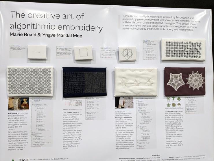A large white poster showing code examples and the resulting embroidery designs on actual cloth samples.