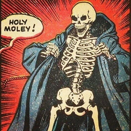 A skeleton disrobing while someone off panel says “Holy moley!”